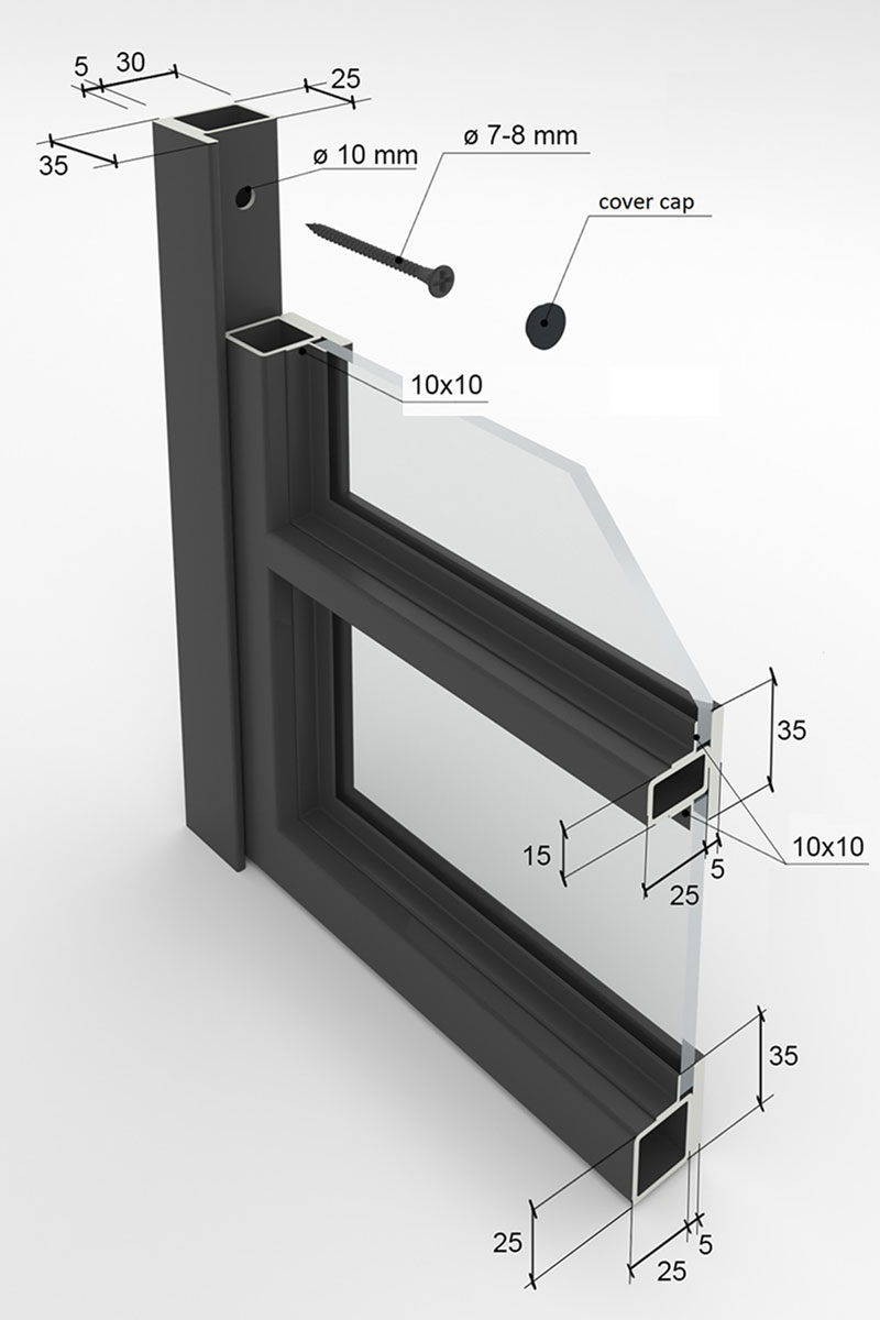 Dimensions of the profiles for Industrial steel door option