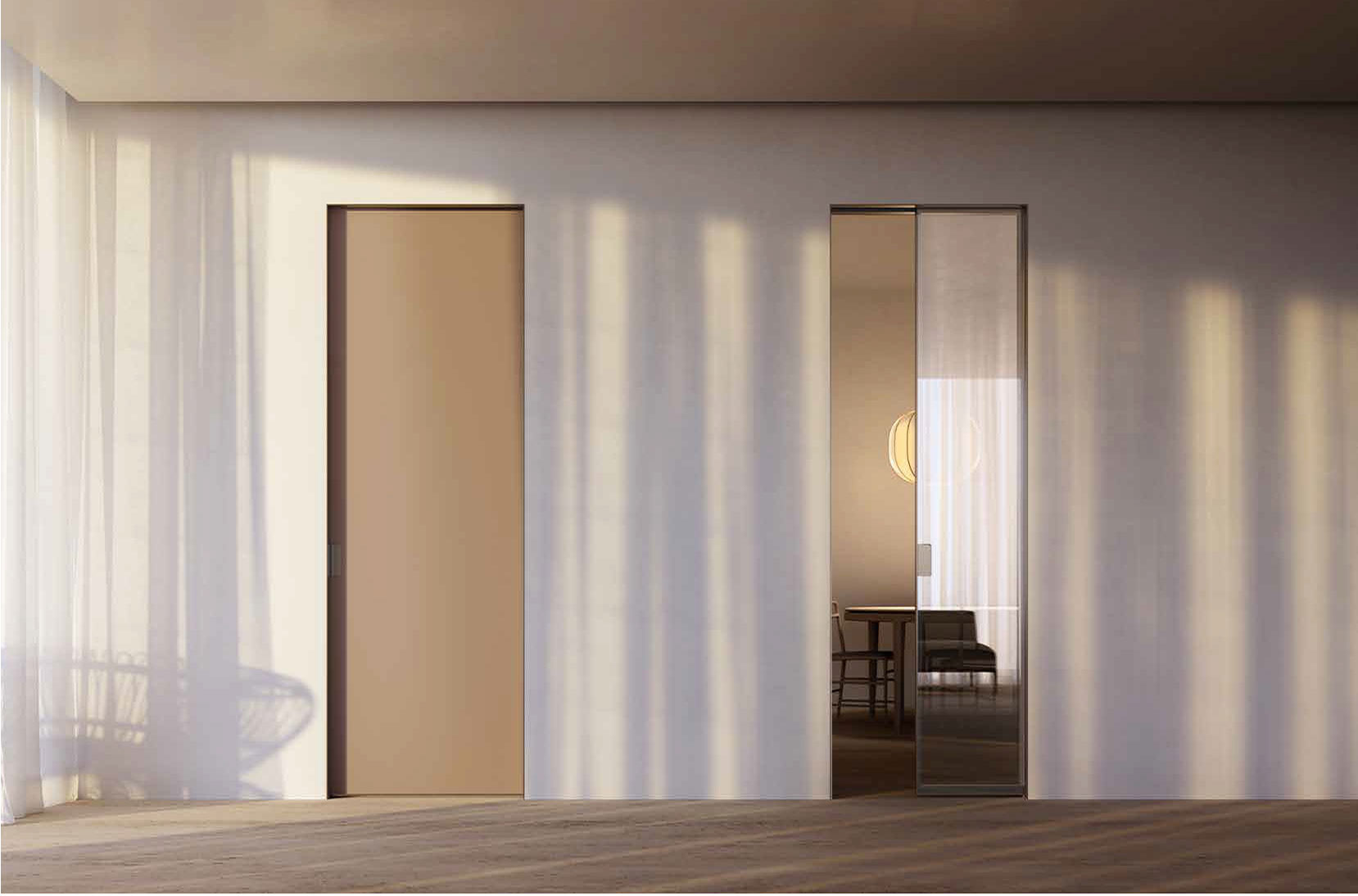 duet pocket doors - coloured glass and reflective glass