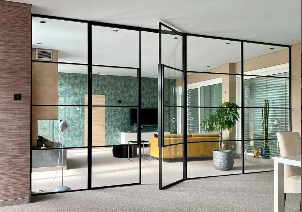 img 2 Metalglass black steel double doors with side panels