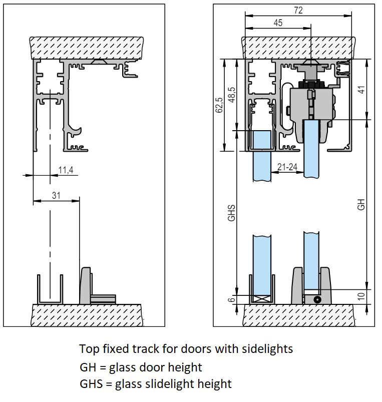 Project top mounted track details for doors with sidelights
